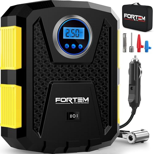 FORTEM Däckpump och Bärbar Luftkompressor, Cykelpump, 12V Elektrisk Luftpump till Bildäck och Cykeldäck med LED-ljus, Digital Lufttrycksmätare med Automatisk Pumpning/Avstängning, Bärväska (Gul)