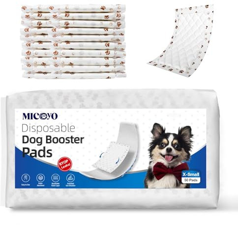 MICOOYO Einweg-Hundewindeleinlagen – Hunde-Booster-Pads für männliche & weibliche Hunde, super saugfähige Perioden-Hundeeinlagen, Pads passen für die meisten Hundewindeln (XS-50)