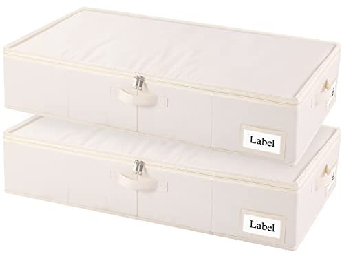 Yawinhe Faltbarer Unterbett-Aufbewahrungskorb mit Deckel, Aufbewahrungstasche Unterbettkommode mit Langlebige Reißverschluss und Griffen, für Kleidung, Schuhe,2-Pack, 80x40x15cm, Beige