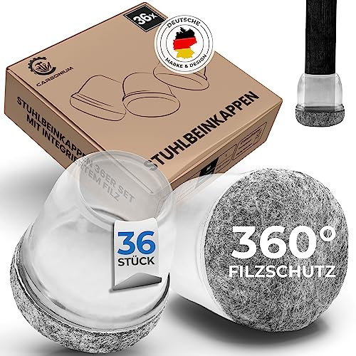 36 Stuhlbeinkappen transparent mit grauem Filz - Ideal auch für schräge Stuhlbeine - Langlebige Stuhlbeinschoner für Stühle [Rund] - Premium Filzgleiter für Stühle, Sofa, Tisch mit 21-27mm Durchmesser