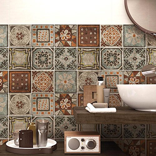 RE-COVERTILES PS00167 Fliesenaufkleber für Bad und Küche - Wasserdichte PVC Wanddekoration Mosaik Fliesen Azulejos Zement Stil (10 Stück 20x20cm)