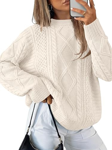 ANRABESS Sweaters for Women Oversized Cable Knit Fall Long Sleeve Crewneck Casual Pullover Sweater Tops 2025 Winter Outfits Apricot Large