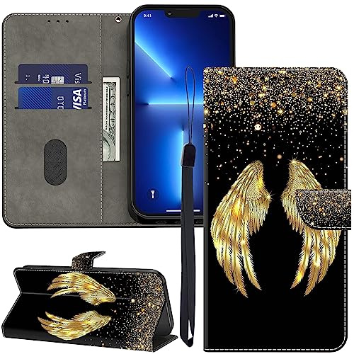 GLANDOTU Premium Leder Handyhülle für Xiaomi 13T/13T Pro - Flip Case mit Kartenfächern, Wallet Design & Rundum-Schutz Kompatibel mit 13T und 13T Pro, Goldene Flügel