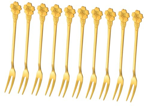 IMIKEYA Fourchettes à Fruits à Deux Dents en Acier Inoxydable Doré, 10 Pièces, Accessoires Cuisine Multifonctions pour Dessert, Apéritif et Salade, Usage Ménager et Restauration