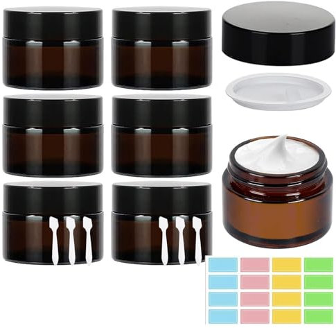 YQBFTC 6 Stück Cremetiegel,50ml Amber Glas Leerdose Salbentiegel Glastiegel Tiegel Cremedose Nachfüllbare Behälter Braunen Glasbehälte mit Deckel und Liner für Kosmetik Cremes Lotionen ätherische Öle