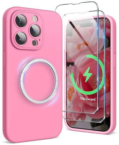 SURPHY Cover Magnetica Silicone per iPhone 15 pro max con 2*Vetro Temperato(6.7''), Compatibile con MagSafe Accessori, Custodia per iPhone 15 pro max Antiurto Protettiva Fodera, Rosa