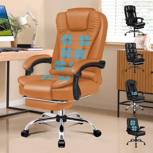 ALFORDSON Ergonomisch Chefsessel Massage Bürostuhl Wärmefunktion, Schreibtischstuhl Einziehbare Fußstütze, Drehstuhl Neigungswinkel 90°-150°,Besprechungsstuhl höhenverstellbarer,PU-Leder Braun