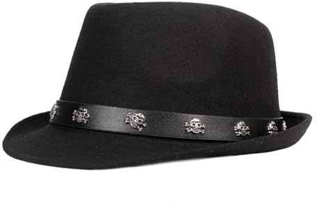 FULUJIDI Fedora Trilby Sombrero De Copa Clásico para Hombre Sombrero Fedora Corto con Cinturón De Calavera Gorra De Caballero Vintage Panamá 56 A 58Cm Negro