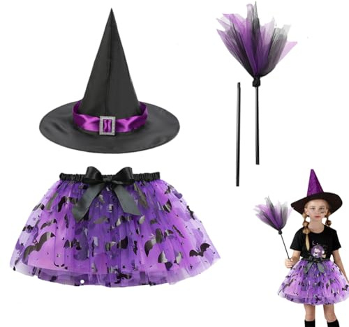 Disfraz de Bruja Halloween 3 Piezas - Traje Con Sombrero, Falda TuTu y Escoba Para Cosplay, Fiesta de Disfraces, Baile, Carnaval y Navidad