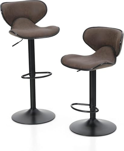 ALPHA HOME Barhocker 2er Set Barhocker mit Lehne und Fußstütze Verstellbarer Drehbarer Gaslift Pu Leder Küchenbarhocker Barstuhl 2er Set für Theke, Küche und Haus, Braun