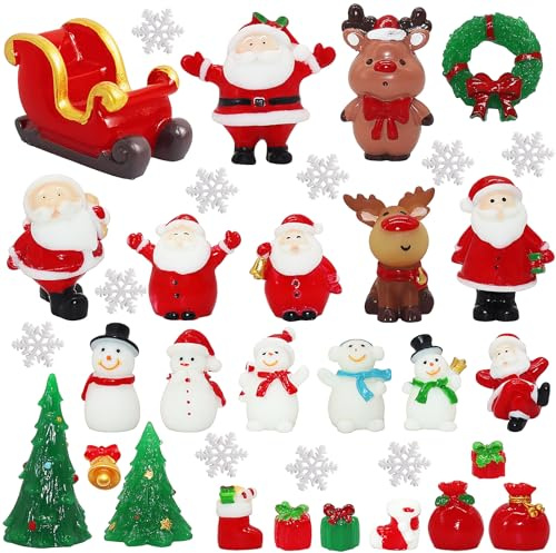 35 PCS Christmas Miniature Figurines, Resin Mini Christmas Figurines with Sleigh Snowflake Santa Snowman Reindeer Xmas Tree, Christmas Miniature Ornaments Kit for DIY Gift Garden Miniature Scenes