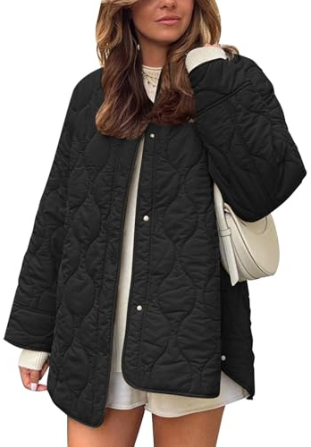 Flygo Women's Oversized Quilted Lightweight Jacket Button Down Puffer Padded Outerwear with Pocket(Black-M)