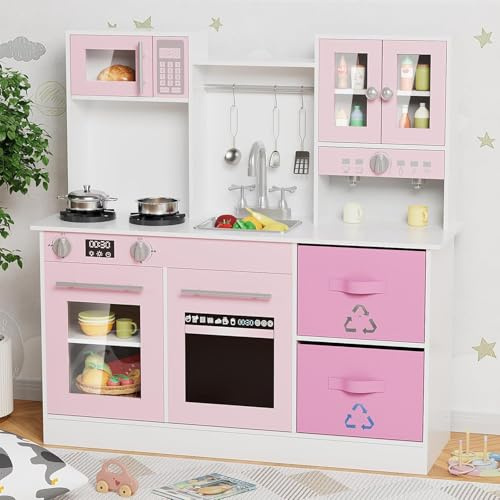 MAMIZO Kids Play Kitchen, Wooden Pretend Toy Kitchen, Toodler Cooking Playset, Stove w/Light & Sound, Sink, Microwave, 2 Fabric Boxs, Dishwasher, Modern Home Style Kitchen for Ages 3+ (Pink & White)