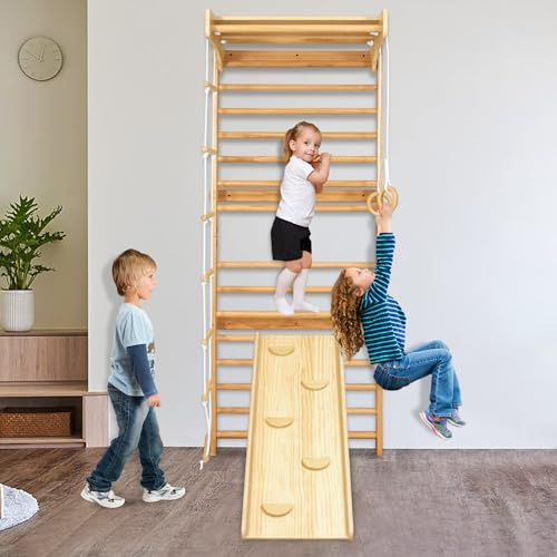 UISEBRT Espalier en bois - Mur de gymnastique d'intérieur pour enfants et adultes - Appareil de sport à domicile avec barre, anneaux de gymnastique, toboggan et échelle de corde - Charge maximale :