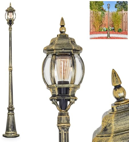 HOFSTEIN Kandelaber Lentua, Außenwegeleuchte aus Metall/Kunststoff in Schwarz/Goldfarben/Klar, Wegeleuchte im Vintage/Antik/Landhaus-Design für Garten, Außenbereich, Hof, Höhe 205 cm, 1 x E27, IP44