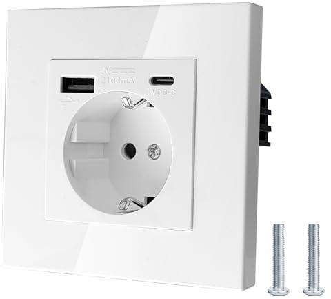 8.5 x 8.5CM Socket with USB Type C, USB Socket Flush-Mounted, Single in White, EU Standard 1 Compartment Sockets, 5 V/2.1 A Max, 16 Amp Child Safety Sockets, 250 V, 1 Compartment