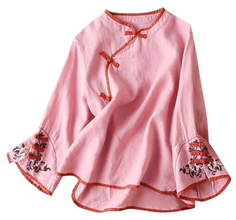 Blusa de traje tradicional chino para mujer con bordado, de algodón y lino, con mangas acampanadas de manga larga, botones de rana, estilo cheongsam, con cuello en V, para dormir, rosa, M
