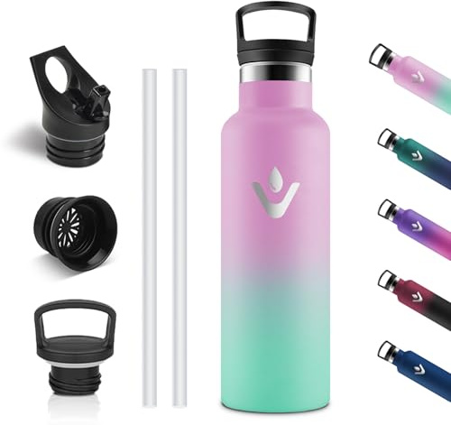 Vikastar Gourde isotherme en acier inoxydable 500 ml sans BPA avec paille pour l'école, le sport, le vélo, le camping, rose clair et vert clair