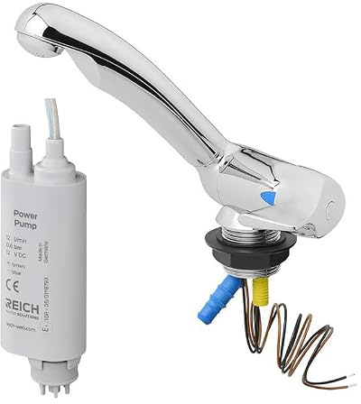 Kalt-Wasserhahn Keramik Style 12V Ø33 mm – Klappbar, Chrom, Kunststoff, für Wohnmobil & Boot inkl. Tauchpumpe 0,5 bar