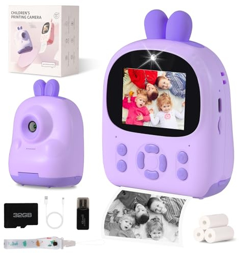 Cámara de impresión instantánea para niños, cámara digital HD de 48 MP con impresión fotográfica en blanco y negro, zoom de 16X, tarjeta de 32 GB, juegos y reproductor de MP3 para niñas y niños de 3 a