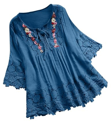 Flodxo Green Tops for Women UK V Neck Plus Size Linen Shirt Long Lace Sleeves Cotton Blouses Summer Womens Tops Size 14 UK Evening Party Going Out Tunic Tshirts for Holiday Beach Blue XL