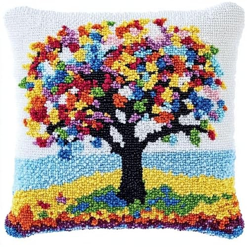AxiangziK Landschaft Knüpfkissen Zum Selber Knüpfen,Ein farbenfroher Lebensbaum,DIY Kissenbezug Hülle Sofakissenbezug,Knüpfkissen Set für Kinder Erwachsene,Latch Hook Kit,17x17in