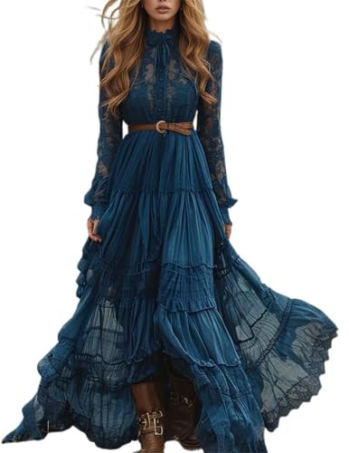 Sommerkleid Damen Vintage Western Maxikleid Sexy V-Ausschnitt Locker Langarm Rustikaler Stil Fließendes Kleid Country Blumenkleid Lace A-Linien Swing Rüschenkleid Ohne Gürtel