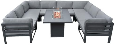Modulärt Trädgårdsmöbelset Stort Grått 8-sitsigt U-format Kuddar Soffa & Bord med Gas Eldstad 9-delad Lounge Möbel Aluminium för Utomhus Terrass Altan Möbelgrupp GRATIS Vattentätt Regnskydd