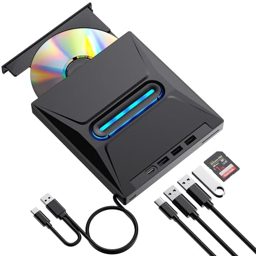 External CD DVD Drive with 4 USB Ports and 2 Type-C Ports and 1 TF/SD Card Slot, USB 3.0 Portable CD Disc Drive Player Burner Reader for Laptop Macbook Desktop PC