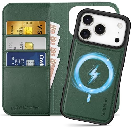 SHIELDON Hülle für iPhone 17 Pro 6,3 2025, Abnehmbare Lederhülle Schutzhülle [Echtleder] [Kabelloses Laden] [RFID Blocker] [3 Kartenfach] [Handy-Ösen] [Magnet] 2 IN 1 Klapphülle - Nachtgrün