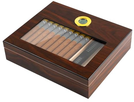 JOSTART Zigarren Humidor, 20-25 Zedernholz Zigarrenbox mit Luftbefeuchter Hygrometer, Weihnachten Geburtstagsgeschenk für Papa Ehemann Opa, Super Versiegelung Glas Humidor Zigarrenbox mit Trennwand