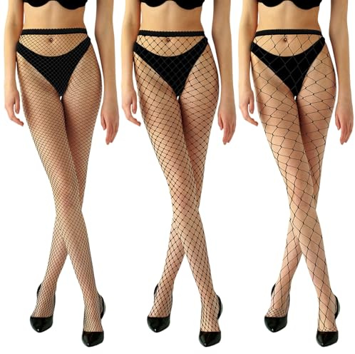 Abeillo 3 Pairs Women's Fishnet Stockings, Black Fishnet Tights High Waist Mesh Stocking Thigh Waist Fish Nets Leggings Pantyhose Gothic Clothes for Women