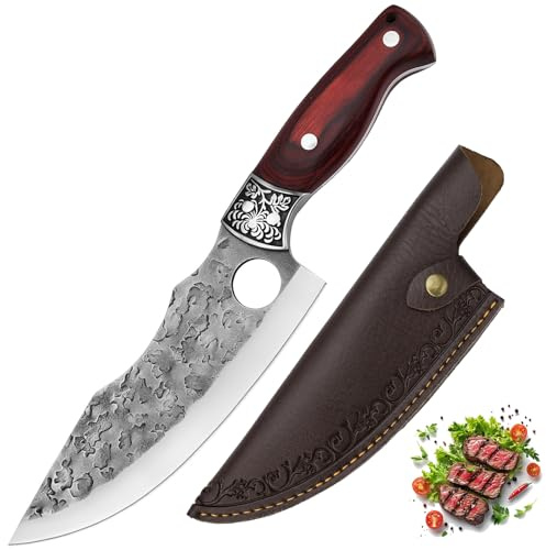 Doklasu Chef Knife 7 inch Japanese Style Kitchen Knife Hand Forged Full Tang High Carbon Steel for Cooking with Red Coloured Wooden Handle and Sheath