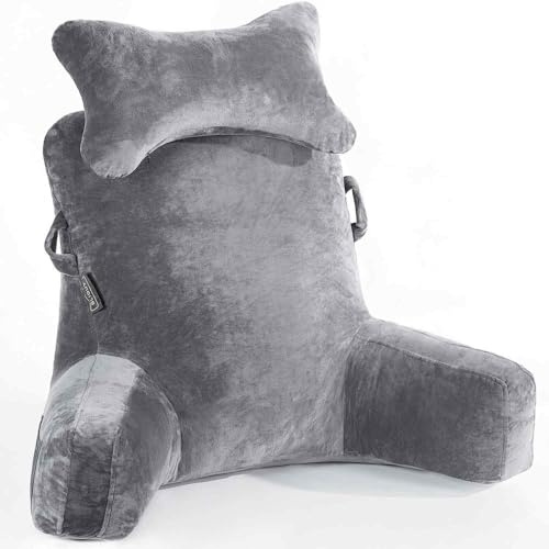 SLIGUY Reading Pillow, Extra Large 31IN, Bed Rest Pillow with Removable Neck Roll and Arms for Sitting in Bed or On the Couch, Backrest for Adults, for Reading, TV, Dark Grey