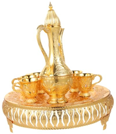 Toyvian Vintage Turkish Pot Set with Teapot Metal Cups Tea Tray Artistic Sturdy Tea Serving Kit for Home Office Buddhist Decor Elegant Gift for Weddings and Festivals