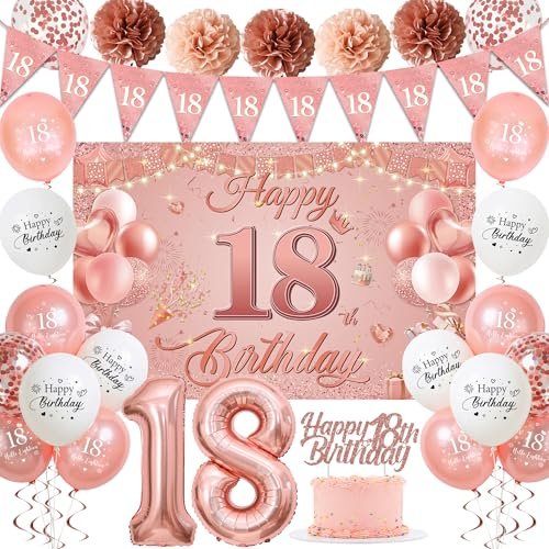 Sroeeshee 18th Birthday Decorations for Girls - Pink Rose Gold 44Pcs 18th Bday Balloon Backdrop Set with Pennant Banner Number 18 Balloons, Photo Backdrop Pom Poms Cake Topper for 18 Year Old Party