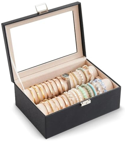 flaxarne Bracelet Organizer Box, Jewelry Display Holder with Rolls for Bangles Watches, Clear Lid Jewelry Storage Case -Black