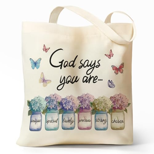 Sukyerios Christian Aesthetic Plant Flower Canvas Tote Bag for Women, Book Totes Bag for Work Travel School Girls Ladies, Reusable Foldable Shopping Cotton Shoulder Totebag with Zipper Pocket