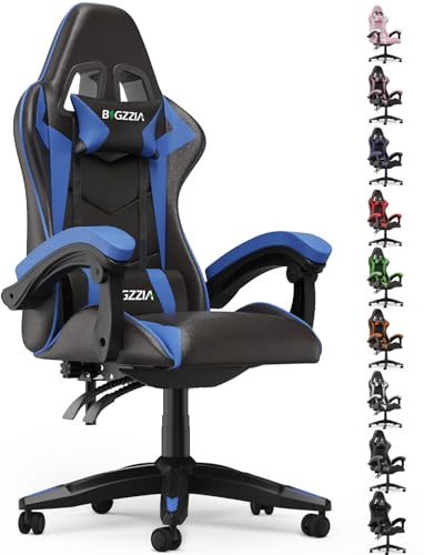 bigzzia Silla Gaming,Silla Ergonómica de Oficina en Cuero PU,Regulable en Altura con Soporte Lumbar y Reposacabezas,Respaldo Reclinable 155°,Silla Gamer Adulto Niño(Celeste)