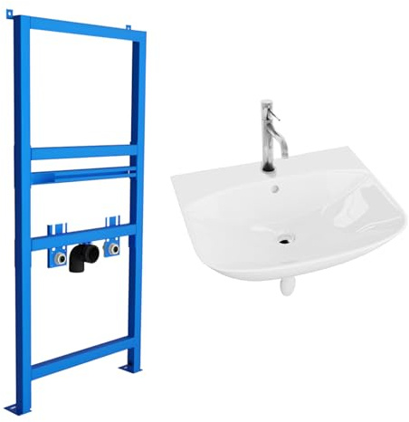 Lavita Waschbecken Komplettset – Wandwaschbecken Dore mit Armatur, Vorwandelement, Click-Clack-Ablauf, Siphon und Montageset, Weiß/Chrom