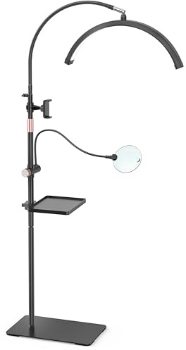 MEIAOELEC Lash Light, 2500LM Half Moon Light with Tool Tray, 2X Magnifier, Phone Holder for Nail Art, Tattoo, Eyelash Extension, SPA Lighting, Floor Esthetician Lamp with Color & Brightness Adjustment