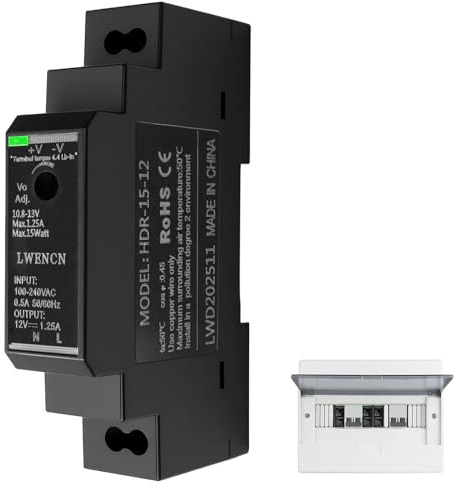 Switching Power Supply 12V Ring Transformer Din Rail HDR 15W 12V 1.25A | for Industrial Enclosure Box Case Dinrail Automation Equipment Universal for Ring Door Bell System and More AC100V-240V