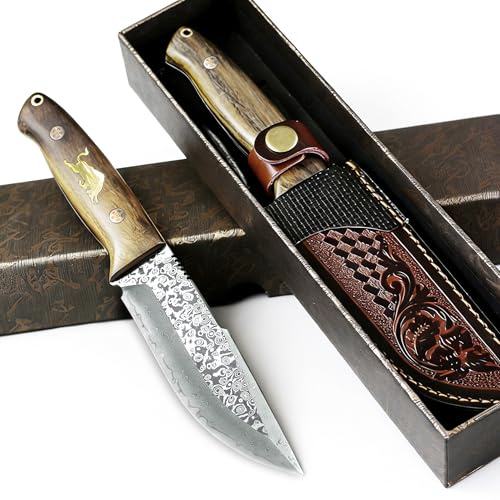 Handgeschmiedetes 67-lagiges VG10 Damast-Festklingenmesser,Outdoor Jagd-Überlebens-Gürtelmesser für Camping,Wandern,Angeln,Massivholzgriff+Echtlederscheide,edle Geschenkbox für Herren&Sammler