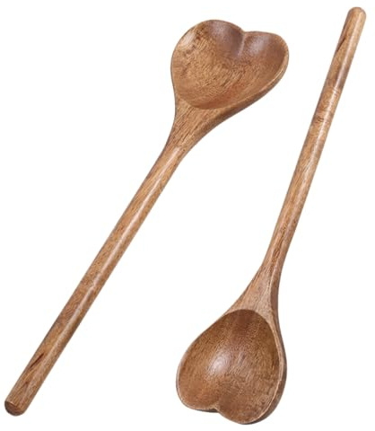 Amosfun Lot de 2 Cuillères en Bois Forme Cœur Design Ergonomique Délicat Cuisine Accessoire Multifonctionnel pour Mélanger et Servir