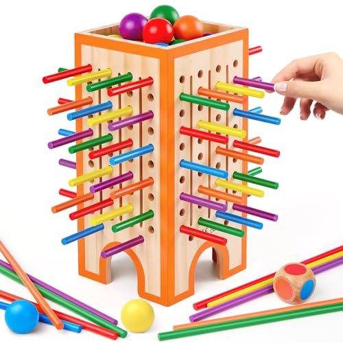 Giochi Montessori 3 4 5 6 Anni, Giochi Educativi per Bambini, Gioco da Tavolo con 42 Bastoncini e 12 Palline, Gioco Famiglia e Viaggio in Legno, Regalo per Motricità Fine e Abilità Logiche 3-9 Anni
