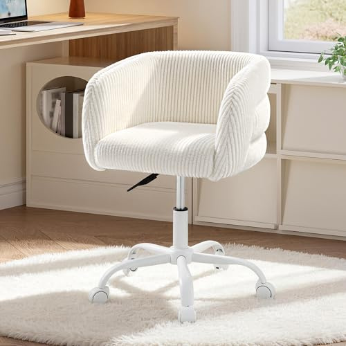 Hzuaneri Taburete Tocador con Rueda, 55 x 40 x (72-82) cm, Blanquecino | Gira 360°, Altura Regulable, Silla Tocador con Respaldo y Brazo, Silla Giratoria, para Dormitorio, Oficina, Comedor, VS32903M