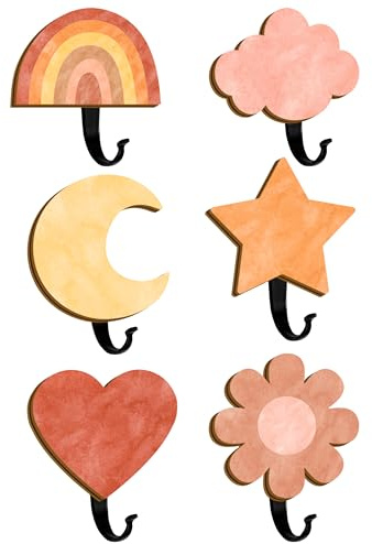 6Pcs Boho Wooden Wall Hooks Kids Coat Rack Hook Cute Coat Hooks Hanging Decorative Clothes Key Hat Hanger Nursery Wall Mounted Coat Hook for Kids Room Bedroom Bathroom Home Decor