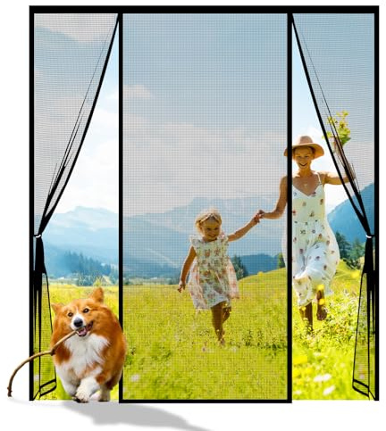 Customised Magnetic Fly Screen Door, Double Door Screen Curtain for Sliding Anti Mosquito Mesh Fly Curtain, Heavy Duty Bug Mesh Curtain, Install Without Drilling, Lets Fresh Air in