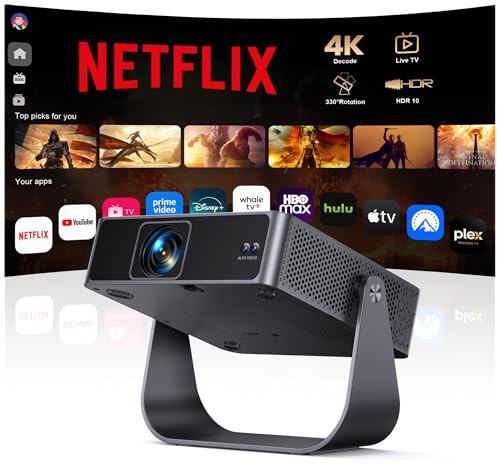 Smart Beamer【Kompatibel mit Netflix/Live TV/330° Drehbar】 Mini Beamer 4K mit Autofokus/6D Trapezkorrektur, Mini Projector 4K 1080P Full HD WiFi6 & Bluetooth Heimkino/Outdoor Klein Projektor für Handy
