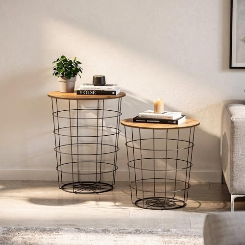 CARENZA HOME Beistelltisch 2er Set Korbtisch mit Stauraum Sofatisch rund